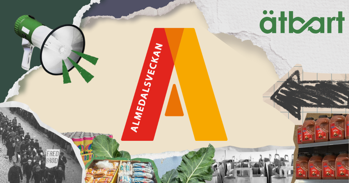 Bild med tidningsriv, matlådor och frukt och grönt samt logotyp för Ätbart och Almedalen